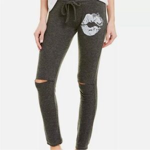 Lauren Moshi Charcoal Joggers with White Lips and Split Knees Medium NWT